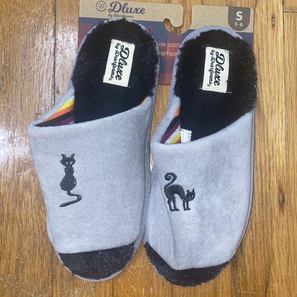 dearfoams Shoes - New Women's Dluxe Dearfoams Halloween Black Cat Slippers Memory Foam Grey Small
